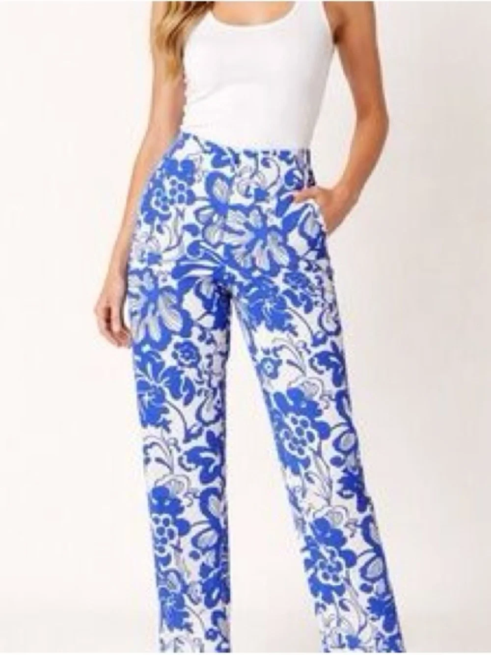 Zara Linen Blend Blue Floral Wide-Leg Women's Pants Size Small